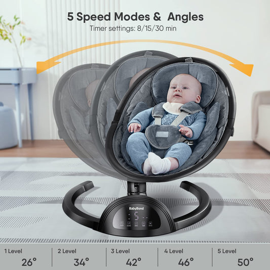 BabyBond baby swing showing 5-point harness safety detail