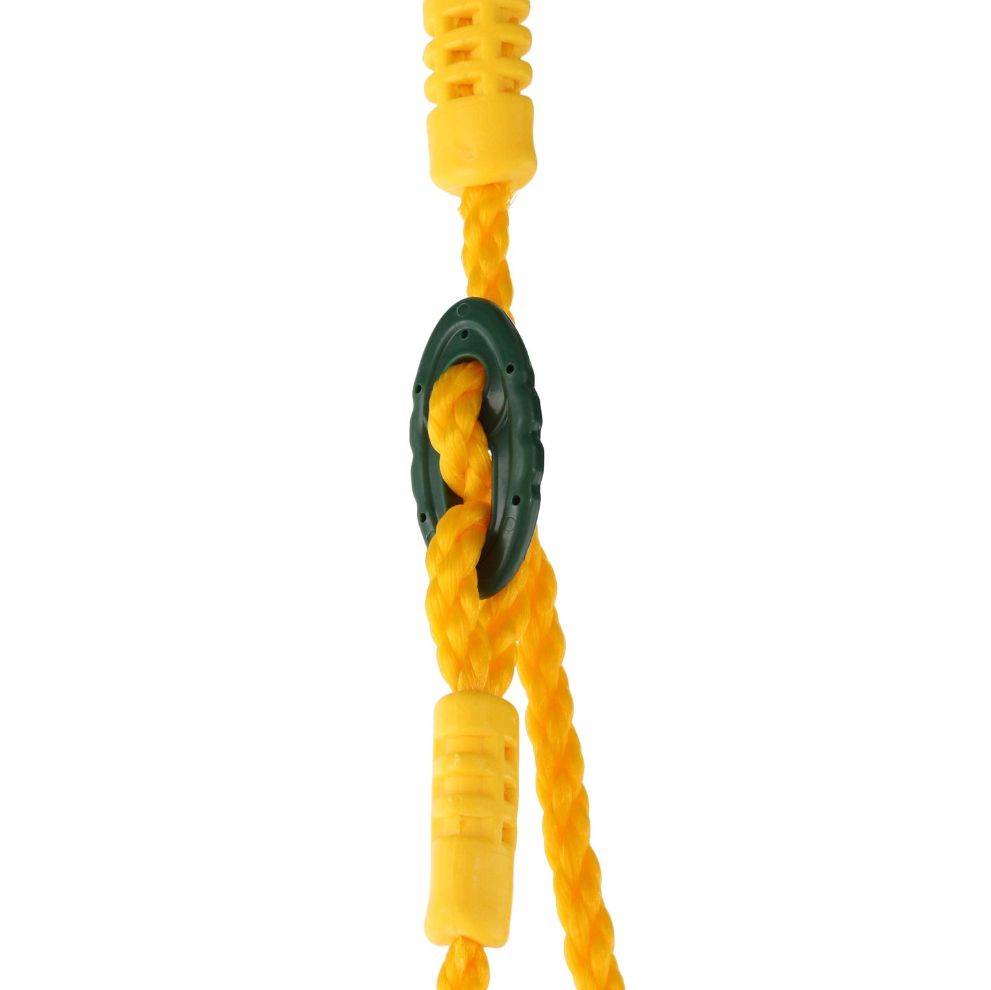 Lifestyle perspective of green plastic baby swing mounted on frame