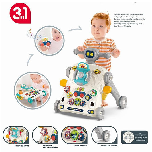 Asou sit-to-stand push walker with blue steering wheel activity panel