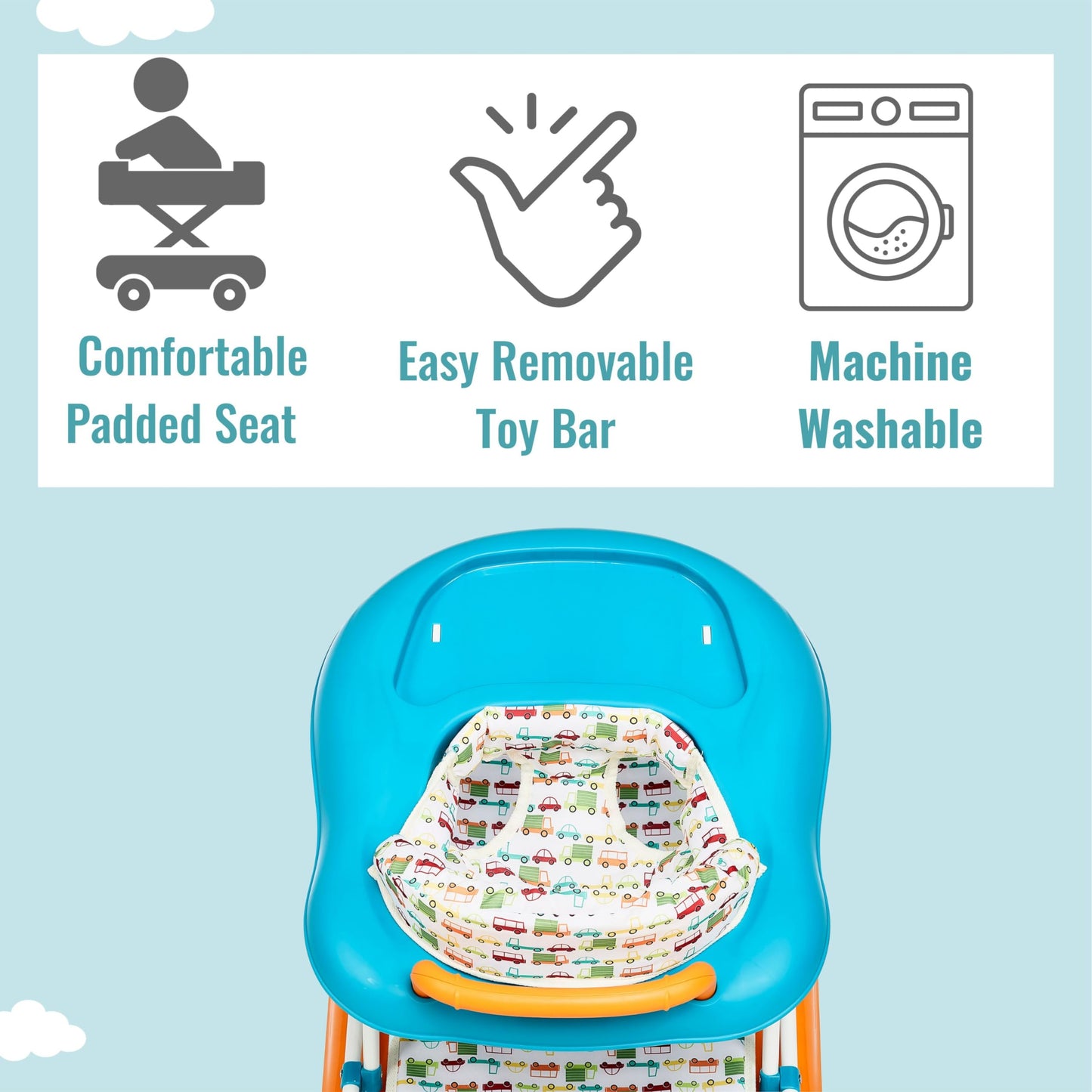 Rear view of Dream On Me Go-Getter baby walker with safety features