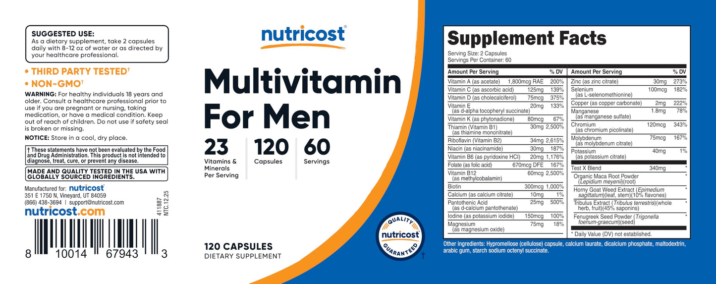 Two capsules of Nutricost vitamins placed next to the container demonstrating easy to swallow dietary supplement sizing.