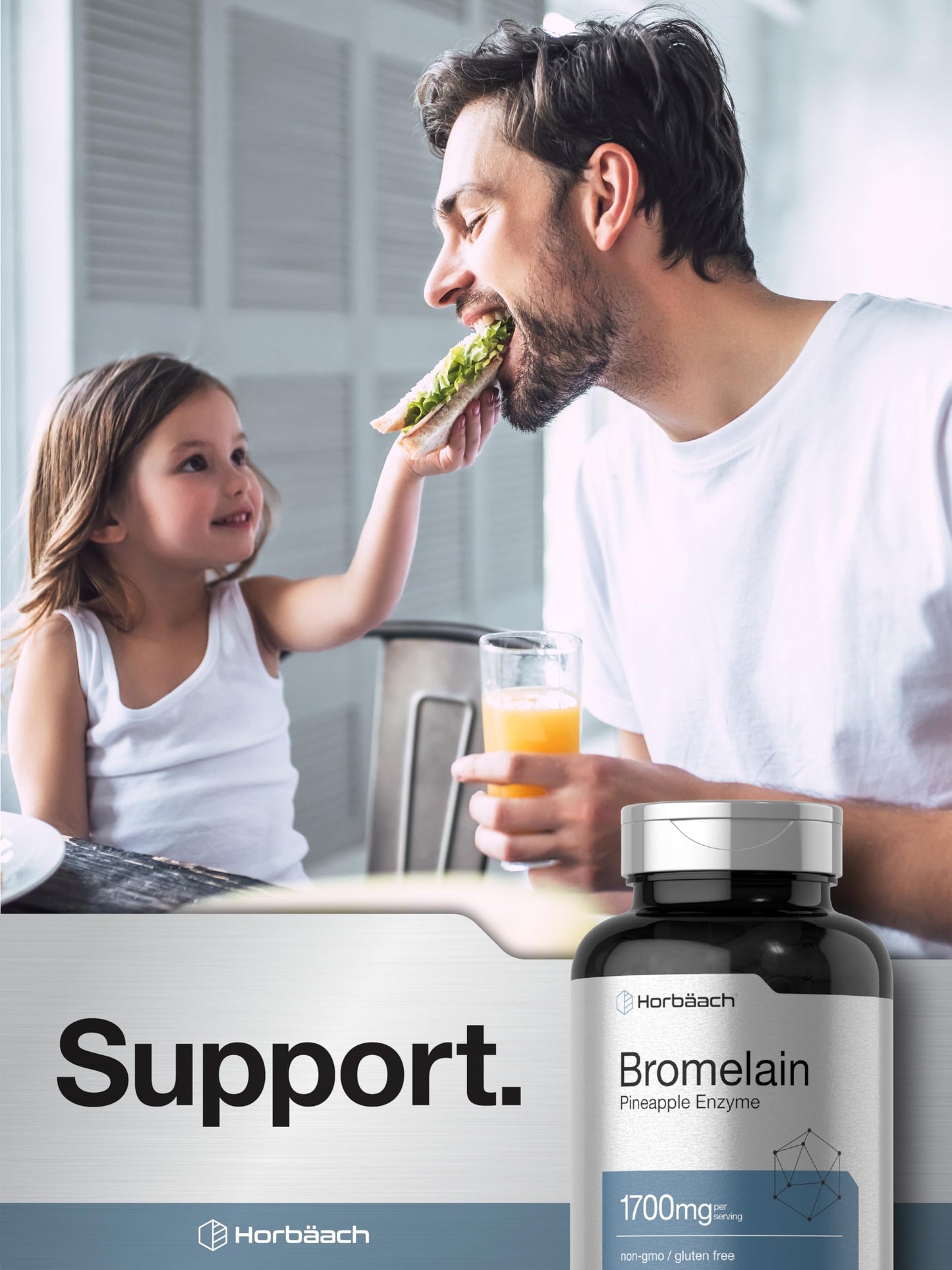 Horbäach Bromelain 1700 mg bottle with pineapple graphic