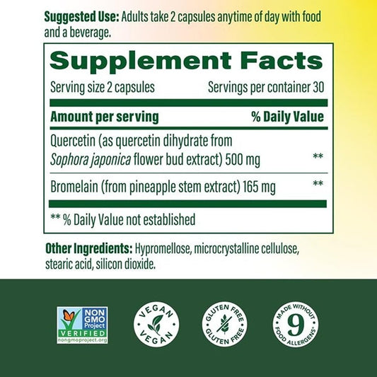 MegaFood Quercetin with Bromelain label details showing 500mg dose