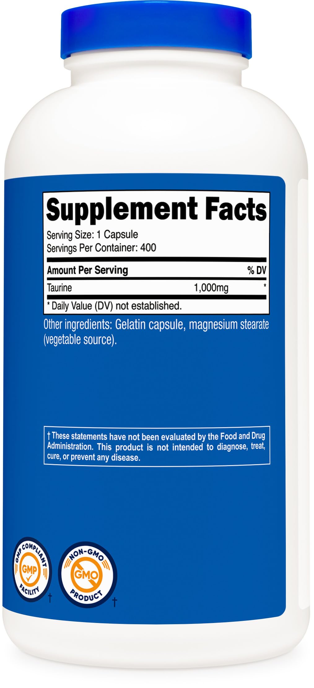 Nutricost Taurine 1000mg capsules bulk packaging showcasing the independent laboratory third party tested seal.