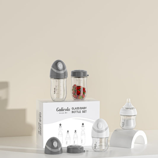 Gulicola wide neck breastfeeding bottles displayed with premium slow flow silicone nipples disassembled