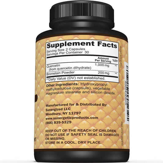 Sunergetic Quercetin with Bromelain supplement facts label