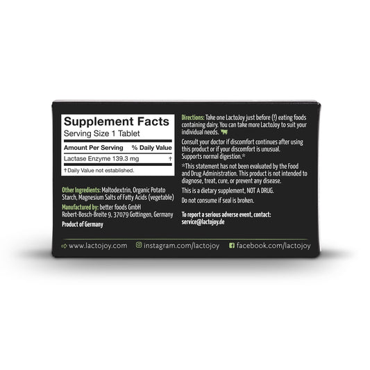 LactoJoy high potency vegan lactase enzyme tablets for easy dairy digestion.