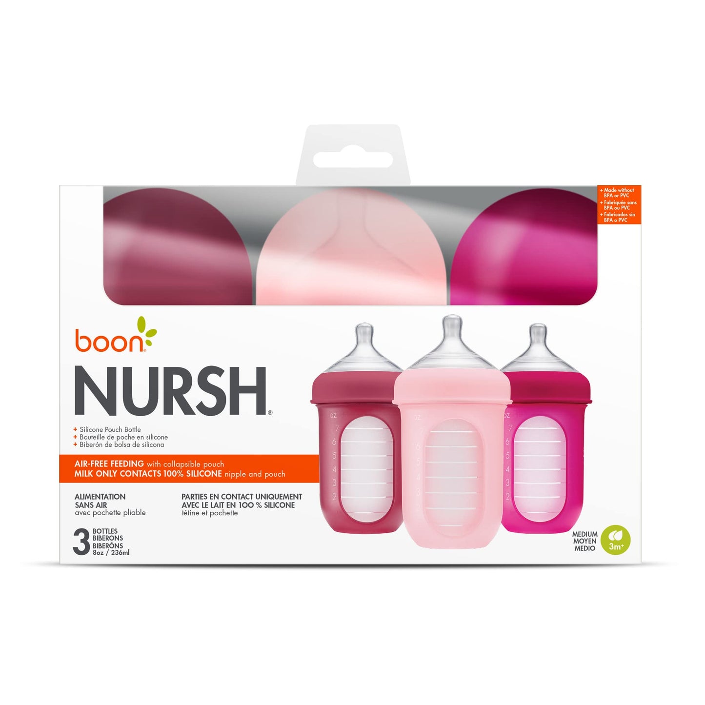 Boon Nursh 3 pack packaging for authentic imported baby bottles