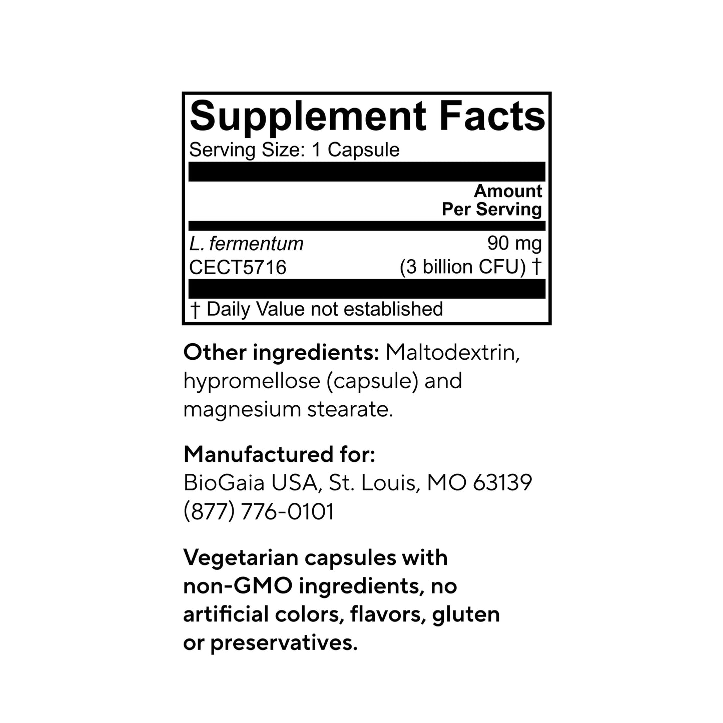 Side view of Elactia breastfeeding comfort probiotic showing supplement facts and ingredients.