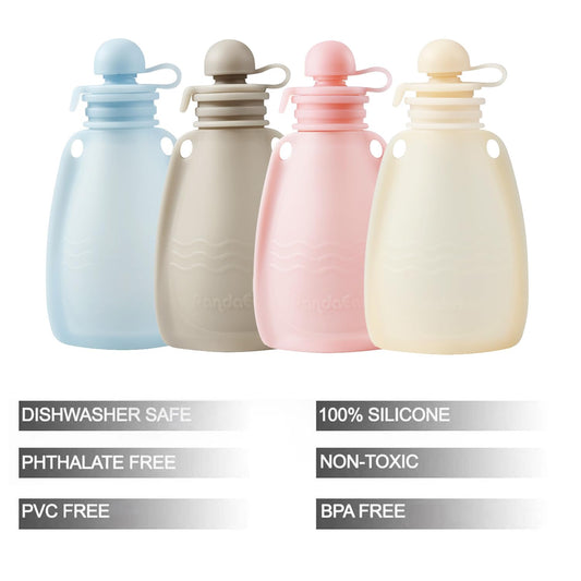 Four pack of colorful PandaEar squeeze pouches for toddlers