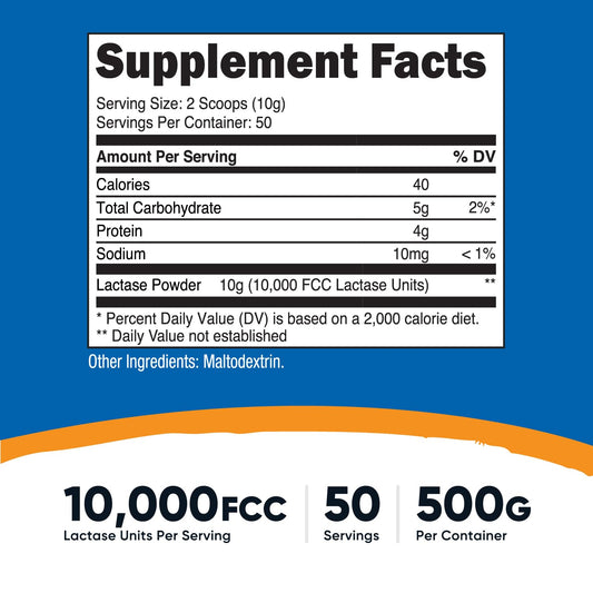Side angle of Nutricost unflavored lactase enzyme powder supplement for lactose intolerance