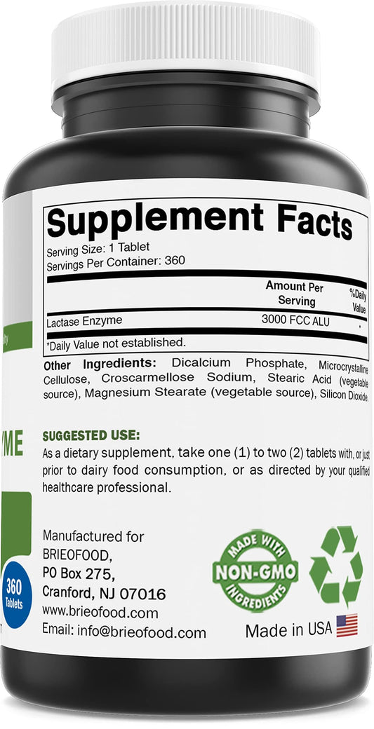 Brieofood Lactase Enzyme bottle showing supplement facts and dairy digestion benefits label side view