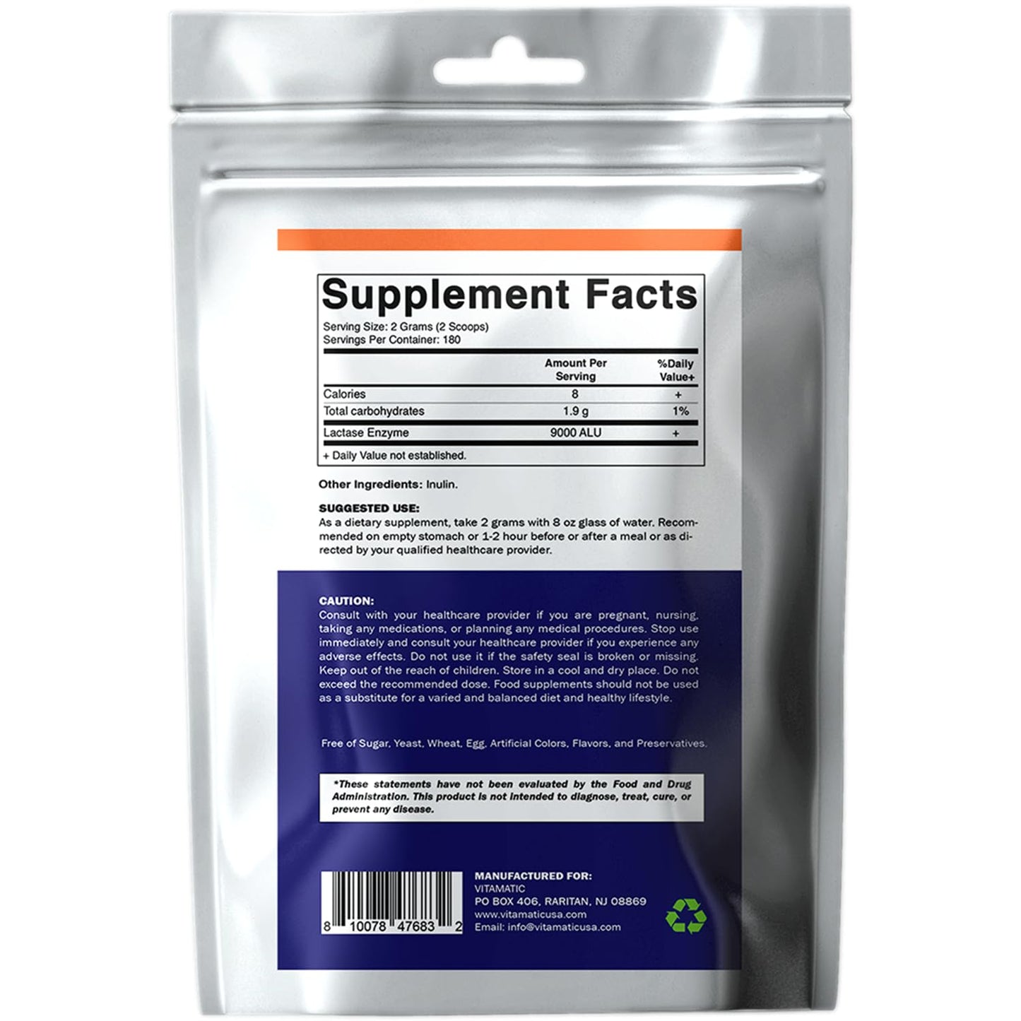 Vitamatic Lactase Enzyme Powder high potency dairy relief supplement jar against a clean background.