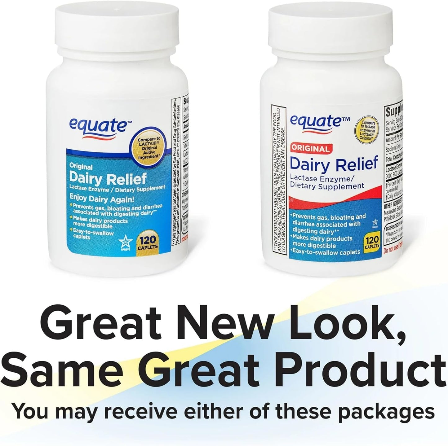 Authentic Equate Dairy Relief 120 count bottle packaging on an e-commerce lifestyle background.