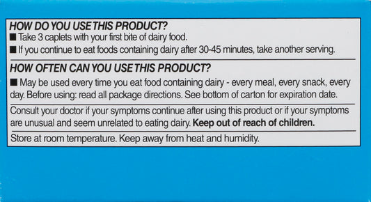Rite Aid Fast Acting Dairy Relief supplement bottle showing dosage instructions and ingredients.