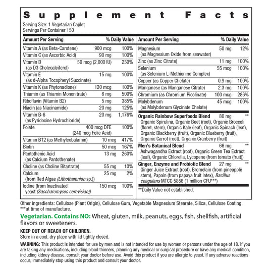 Rainbow Light Men's One daily high potency multivitamin packaging back label