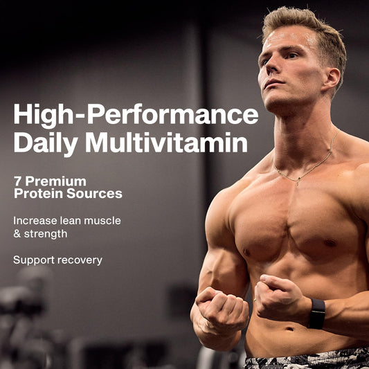 MuscleTech premium daily multivitamin container displaying eighteen vitamins and minerals list