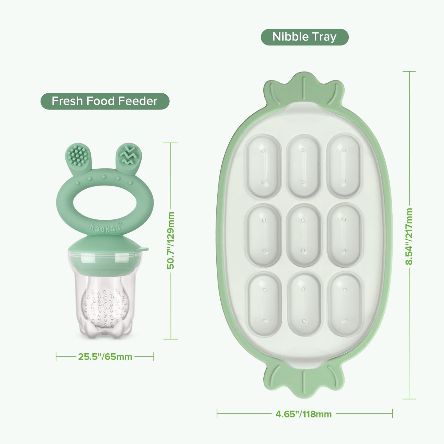 Components of the Haakaa baby food feeder and nibble tray set