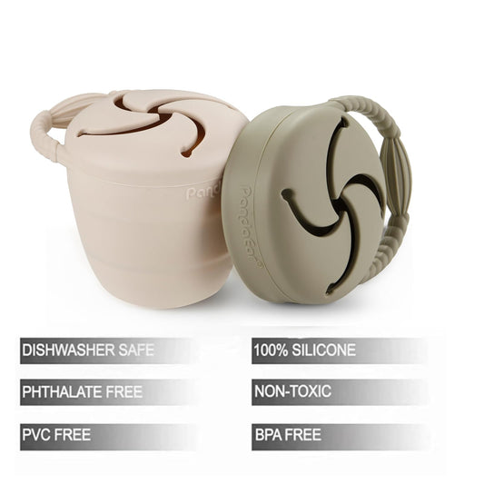 PandaEar toddler snack cups showing spill-proof silicone flaps