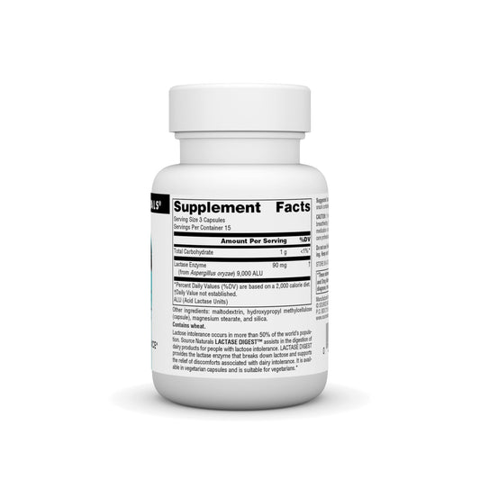 Source Naturals Lactase Digest supplement facts and ingredients list on the back of the bottle.