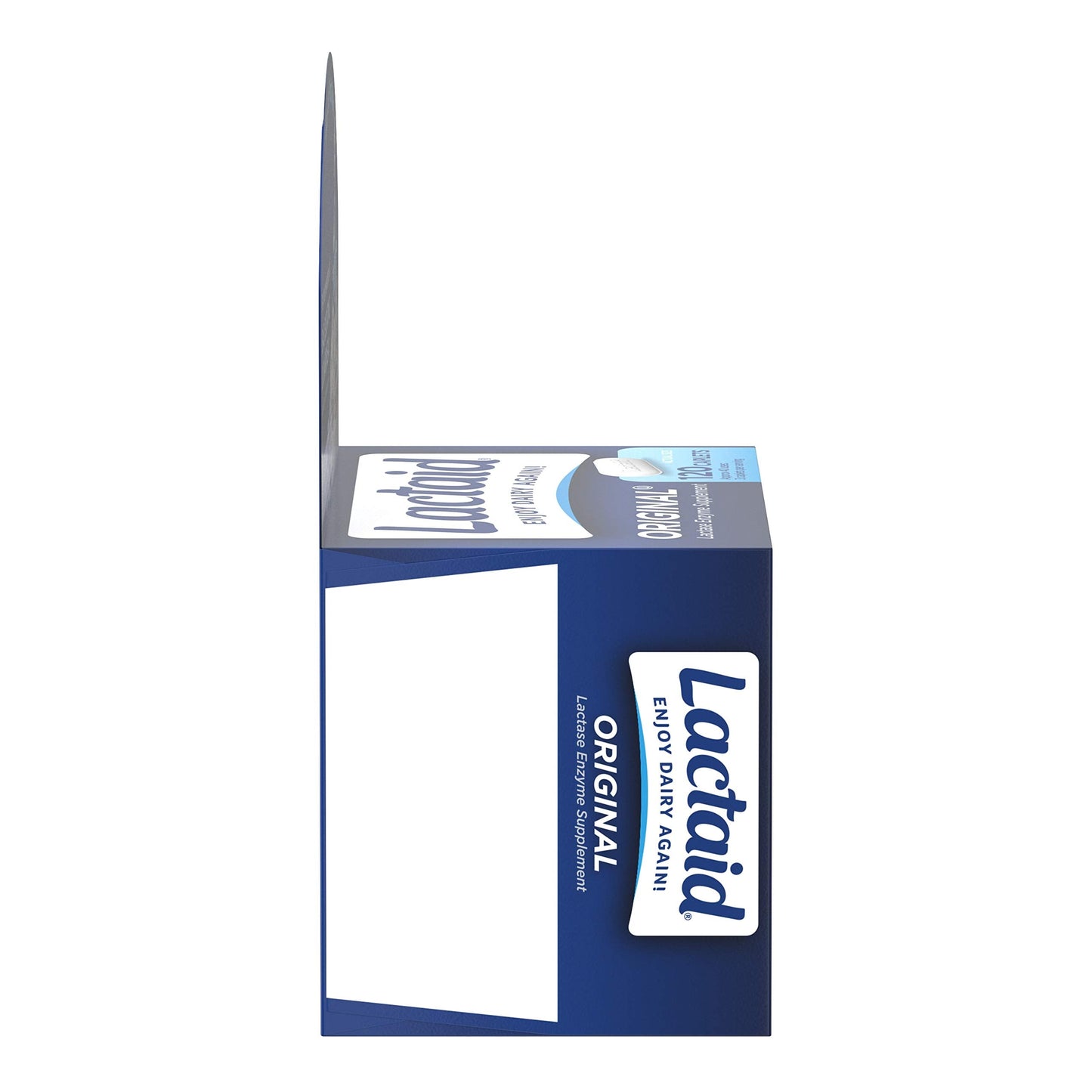 Back label view of Lactaid original strength digestive supplement detailing usage guidelines for adults and children