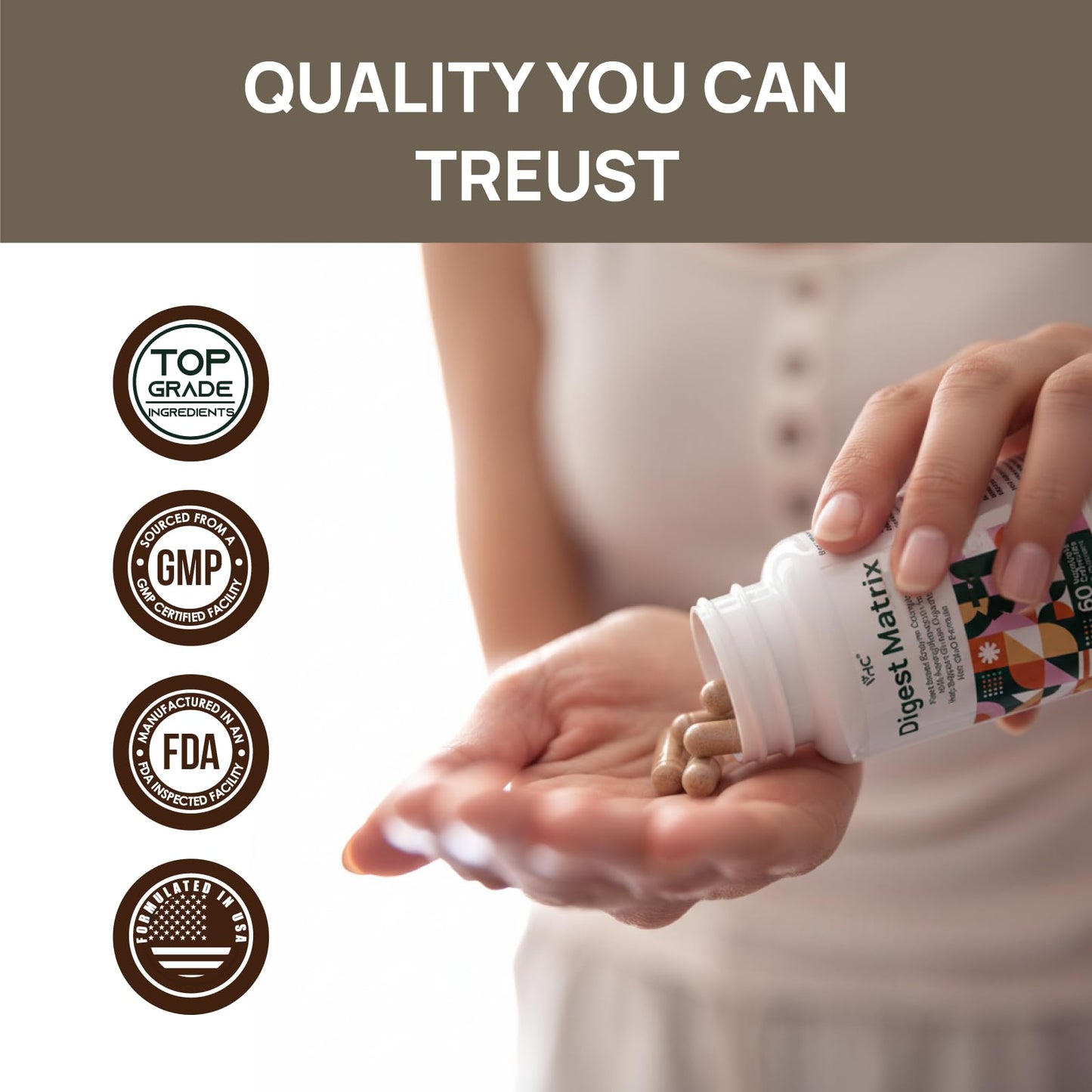 Lifestyle view of VHC gut health supplement ideal for nutrient absorption and gas relief.