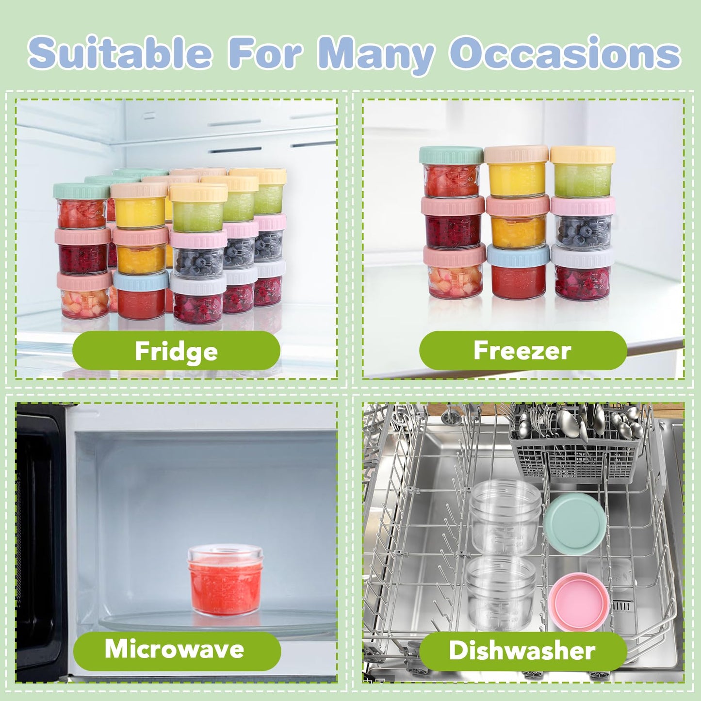 Dishwasher safe glass jars with BPA free lids organized