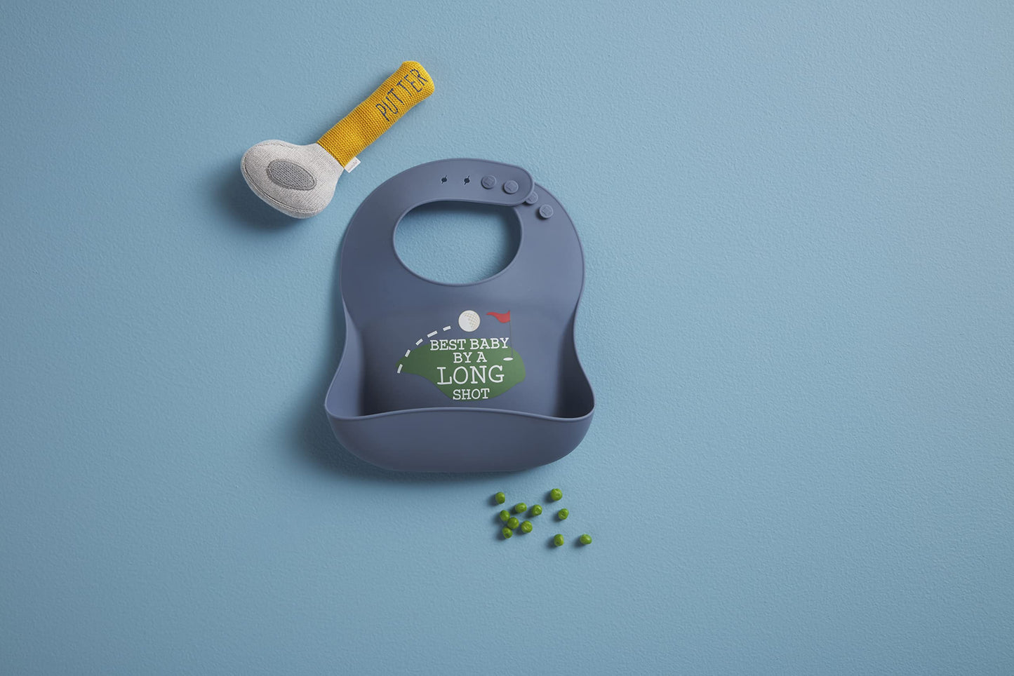 Mud Pie baby silicone bib with golf putter rattle accessory