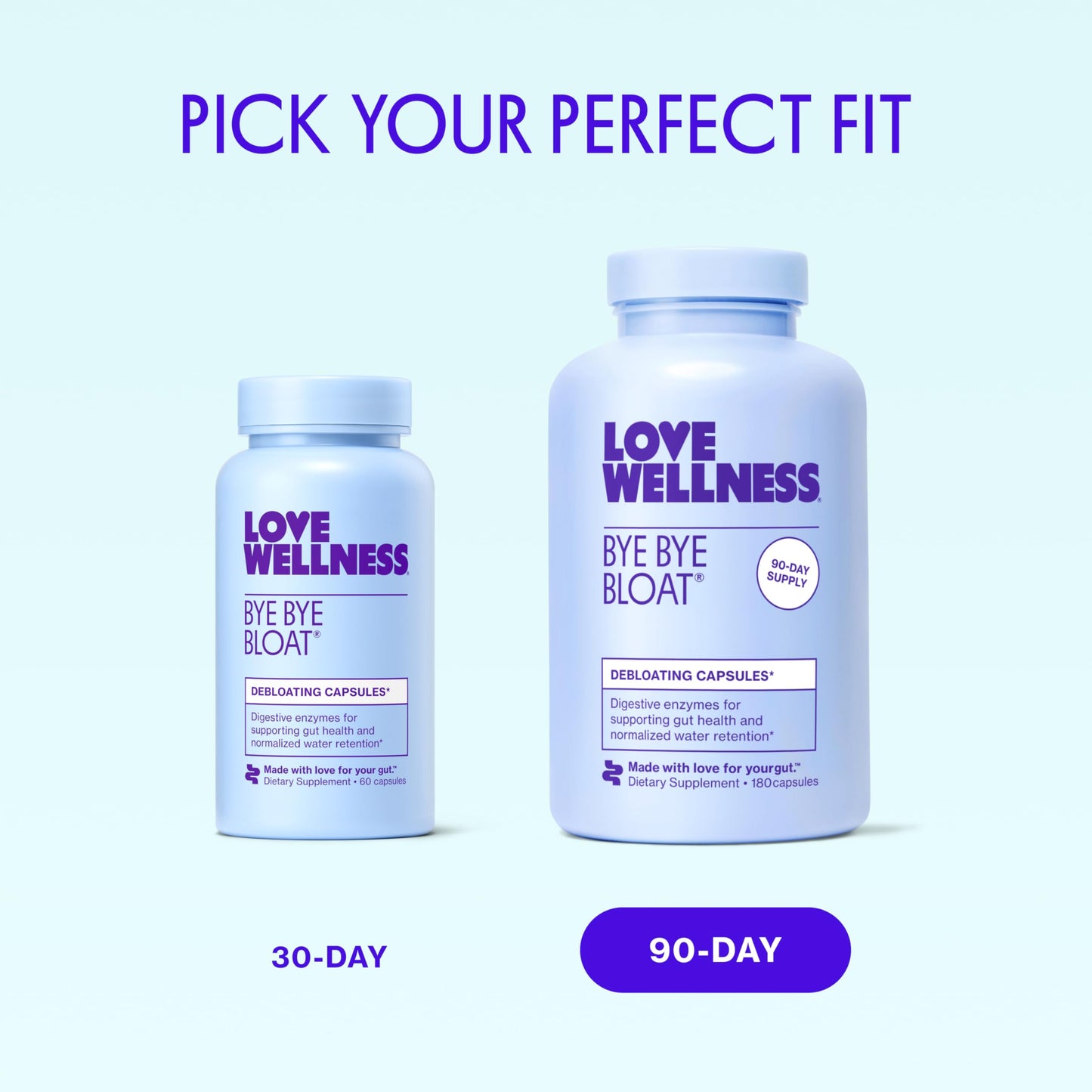 USA imported Love Wellness Bye Bye Bloat premium packaging from an angled perspective