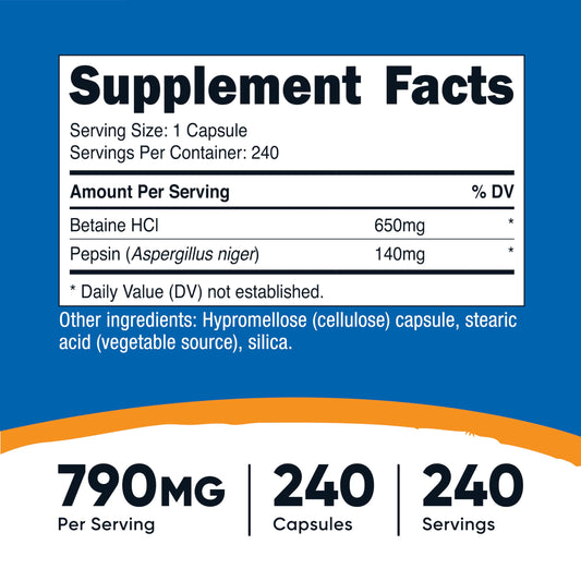 Nutricost Betaine HCl and Pepsin vegetarian capsules supplement facts and ingredient label details