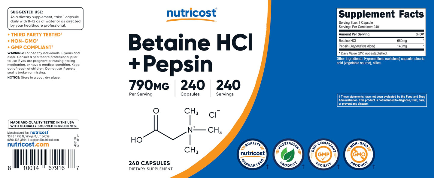 Nutricost Betaine HCl Pepsin 790mg dietary supplement bottle standing upright on a clean retail display background