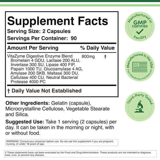Double Wood 10 Enzyme Blend supplement facts panel detailing VitaZyme ingredients list
