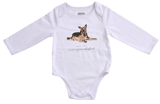 Mud Pie baby dog breed long sleeve bodysuit with blanket stitch