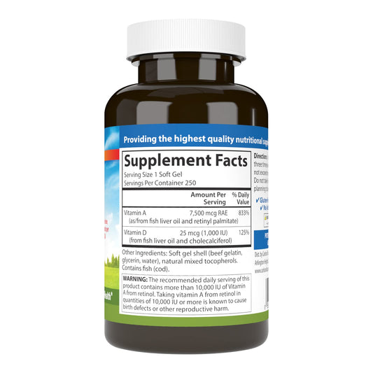 Carlson Vitamin A and D 250 softgels supplement bottle label