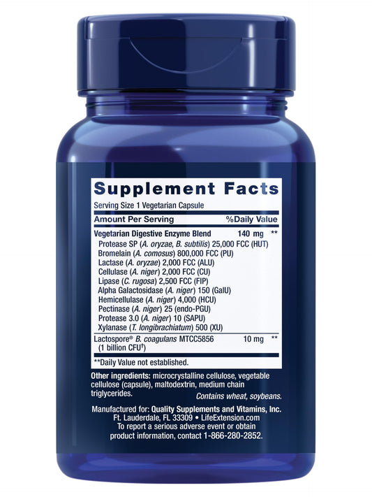 Life Extension digestive enzyme capsules supplement facts label detailing ten broad spectrum ingredients.