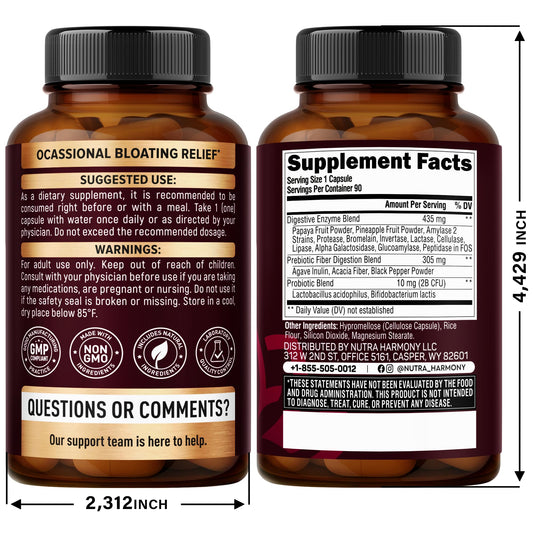Nutraharmony 750mg digestive enzyme capsules container showing full ingredient list and directions for use