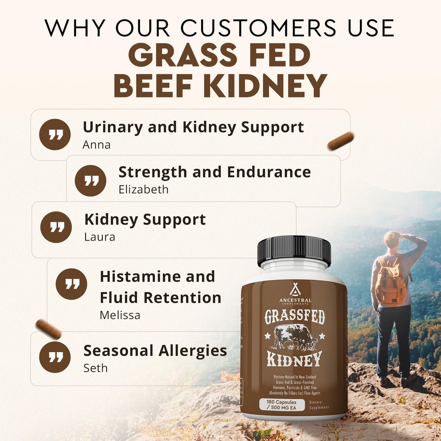 Authentic packaging of Ancestral Supplements beef kidney dietary capsules imported from the USA for Indian consumers.