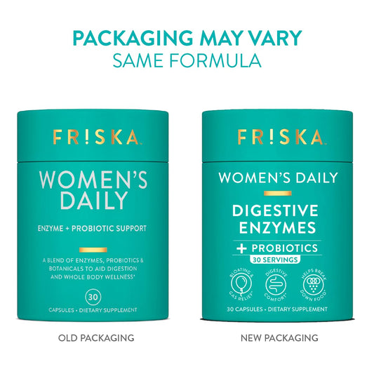 Friska women's dietary supplement bottle showing the supplement facts panel with specific enzyme and probiotic ingredients.
