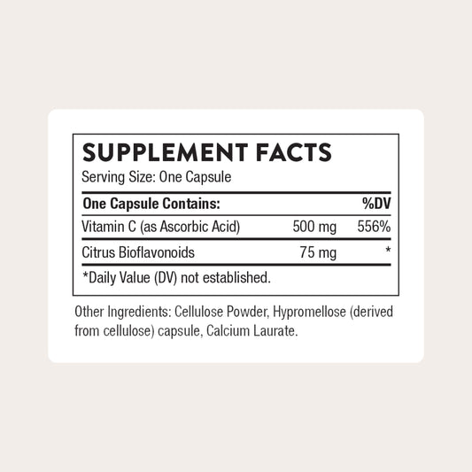 Thorne Vitamin C with Flavonoids dietary supplement bottle displaying clear ingredient list and serving sizes