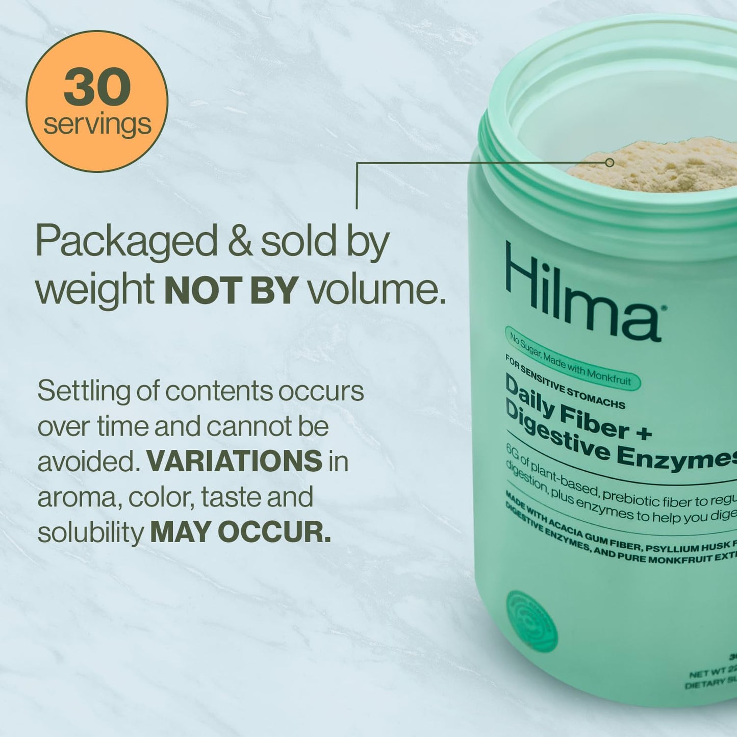 Top angle view of Hilma Daily Fiber packaging showing the secure safety seal and 30 servings container text.