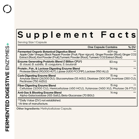 Codeage Fermented Digestive Enzymes supplement facts showing 14 food enzymes and probiotic blend