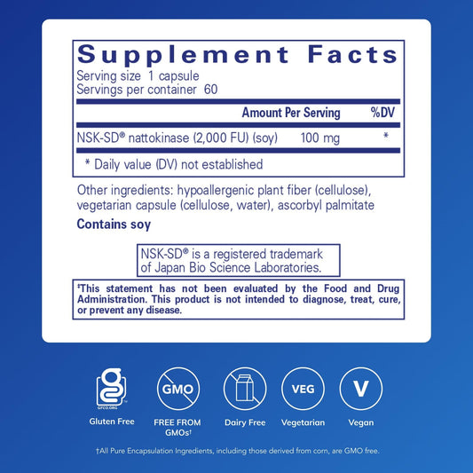 Side view of Pure Encapsulations Nattokinase 60 capsules supplement facts panel and non-GMO seal.