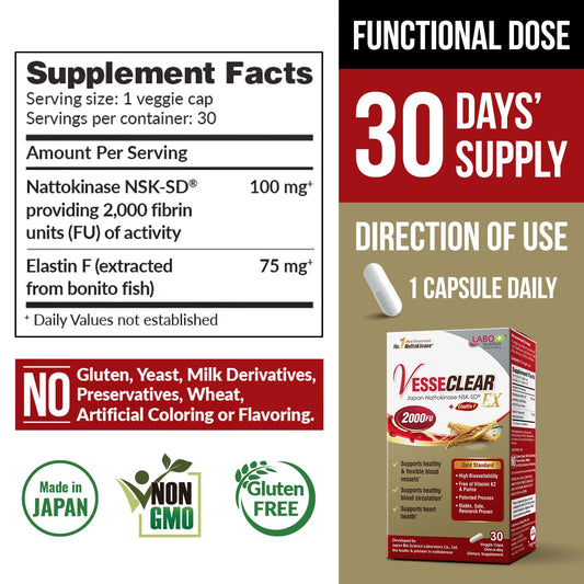 LABO Nutrition VesseCLEAR EX bottle label detailing Nattokinase NSK-SD and Elastin F clinical ingredients
