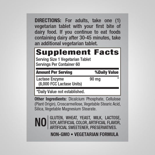 Piping Rock fast acting lactase enzyme supplement facts and ingredient label closeup