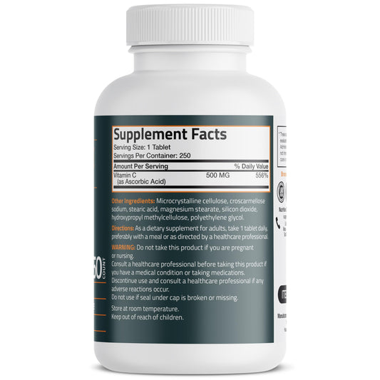 Bronson Basics Vitamin C 250 vegetarian tablets label detailing ingredients
