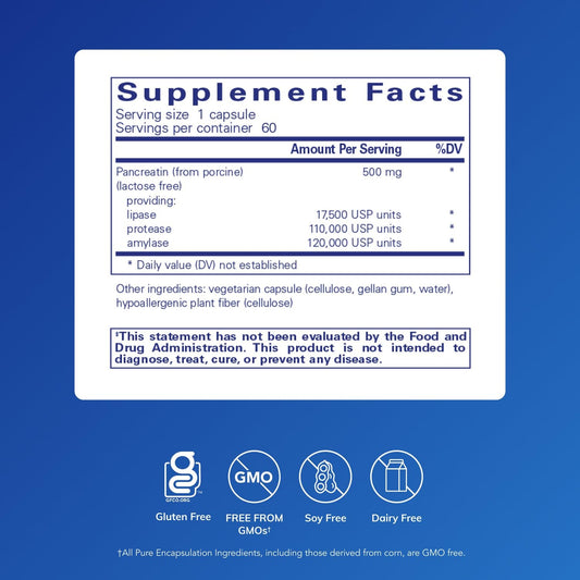Pure Encapsulations Pancreatic Enzyme Formula supplement facts and ingredient list panel on the back of the bottle