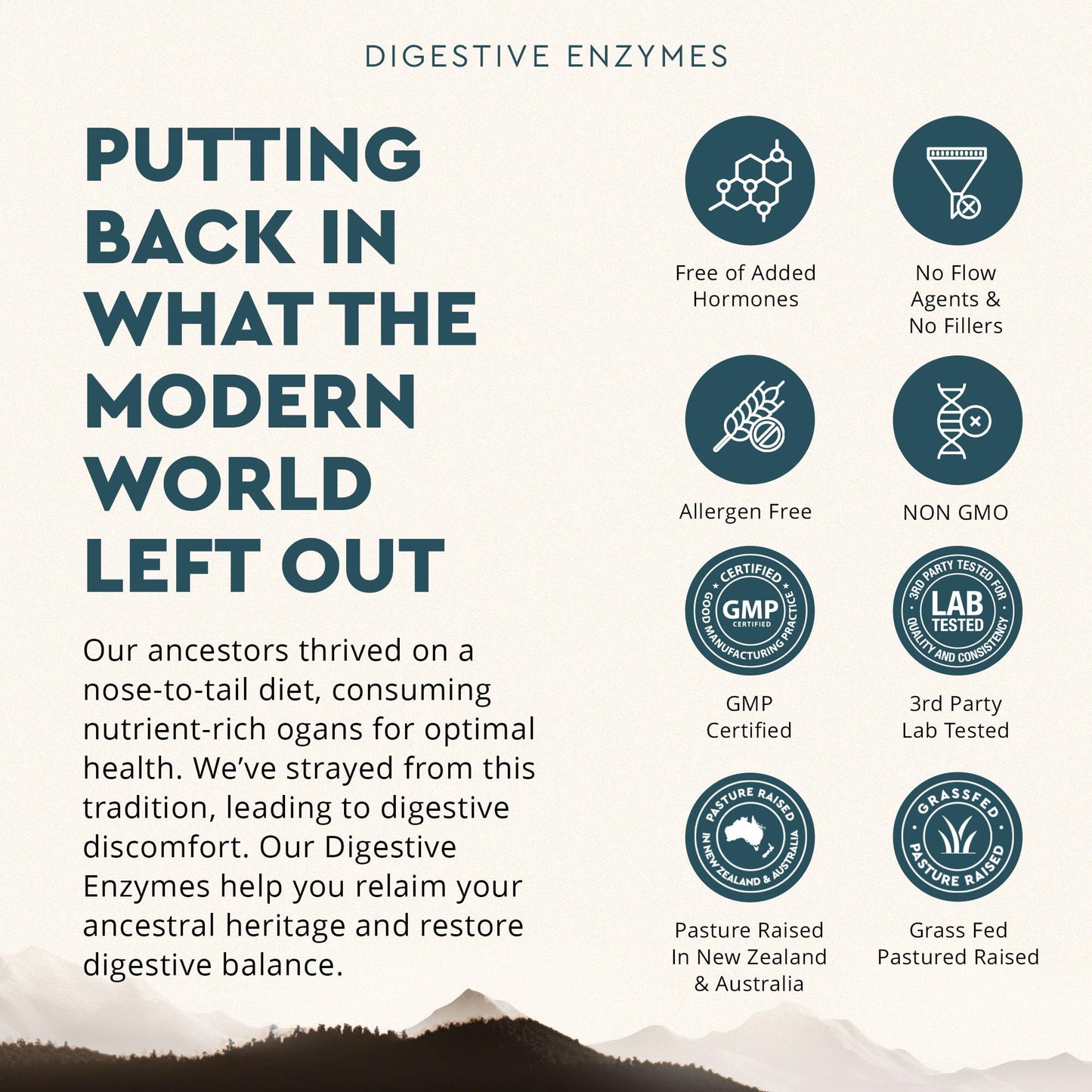 Ancestral Supplements whole food digestive enzymes with Bacillus subtilis probiotic details.