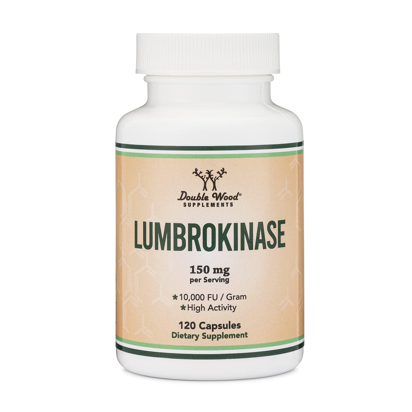 Premium Double Wood Lumbrokinase proteolytic enzyme capsules displaying high activity level details