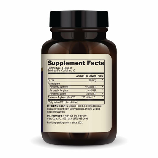 Supplement facts label on Dr. Mercola digestive enzymes showing ox bile and pancreatic lipase content.