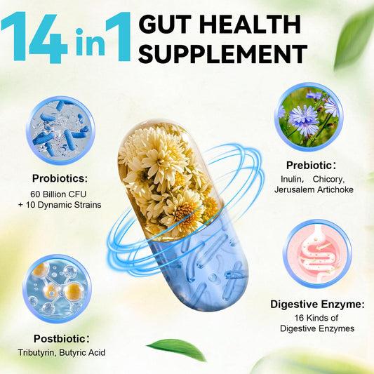 Totaria gut health capsules bottle highlighting the sixty billion CFU and ten dynamic strains.